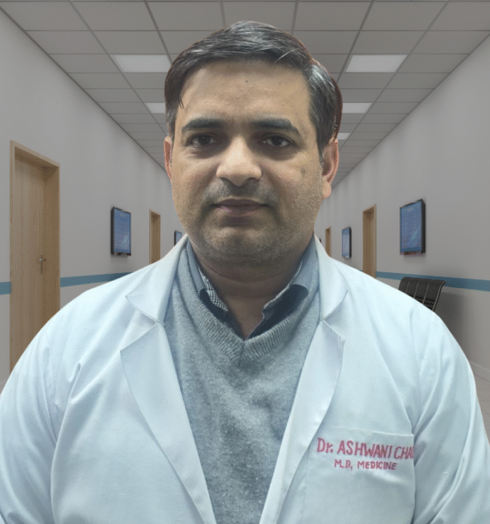 “Dr. (Sqn. Ldr.) Ashwani – Medical Emergency Specialist and MD in Internal Medicine at GS Tricho Derma Clinic, Haridwar.”